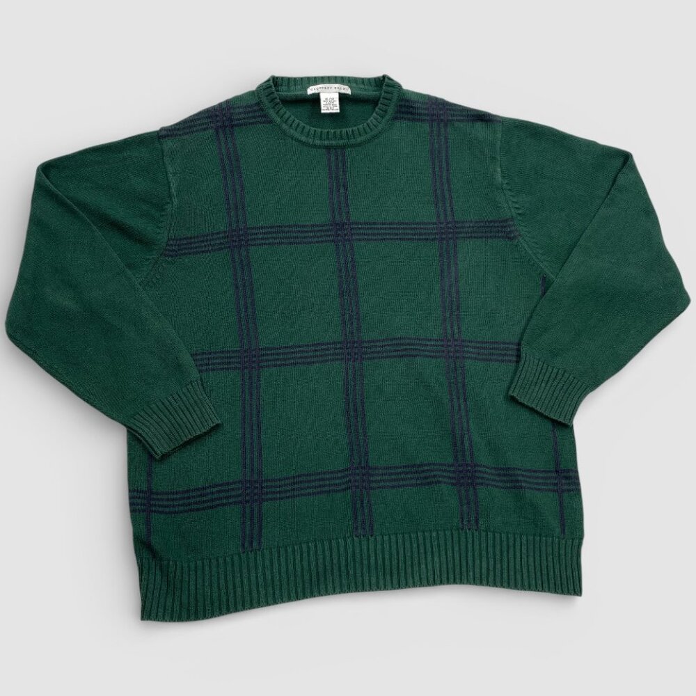 Geoffrey Beene Vintage Green Blue Tartan Plaid Cotton Crew Neck Sweater Men's XL